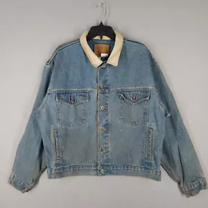 Vintage Schaefer Jacket Mens L Blue Denim Trucker Jean Distressed Work 90s USA - Picture 1 of 20