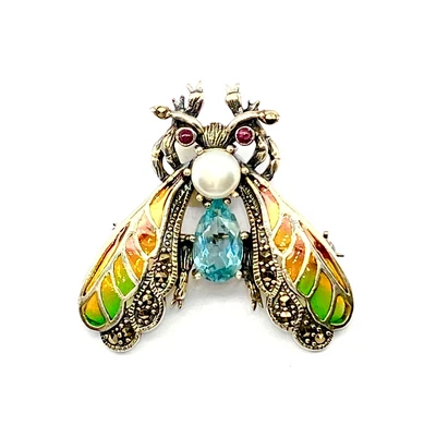 Silver Butterfly Brooch 925 Sterling Pearl Ruby Topaz Marcasite  6 x 3.5cm New — 第 1/4 张图片