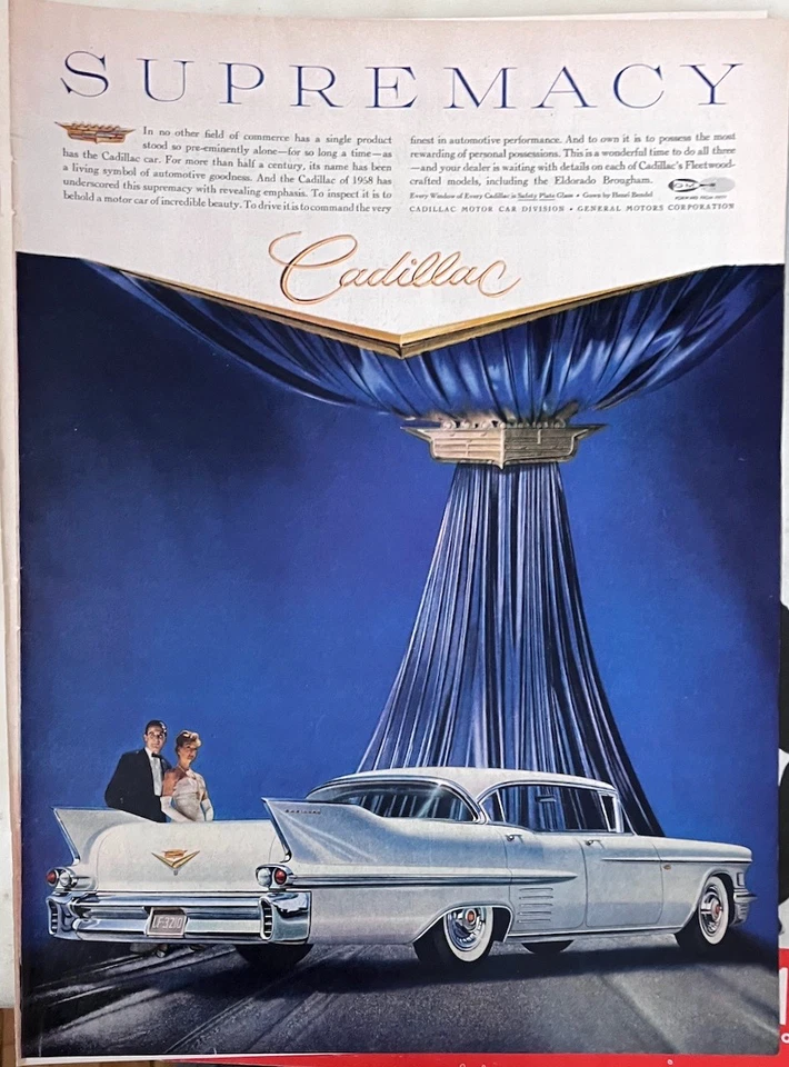Anuncio de revista 1958 para Cadillac - Supremacy, Cadillac blanco 4 puertas Foto 1 de 1