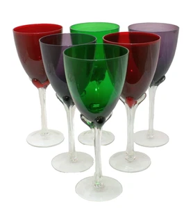 Murano Art Glass Hand Blown Clear Ribbed Stem 6 Tall Wine Glasses In Exc. Cond. - Picture 1 of 8