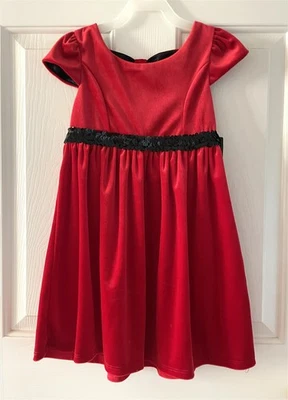 George Girls S-6/6X Red Black Bow Back Stretch Velour Sequin Waist Party Dress - Image 1 of 4