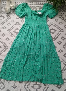 Beautiful Green Floral Shirred Waist Summer Dress ๐8 10 12 S M Midi Maxi - Picture 1 of 11
