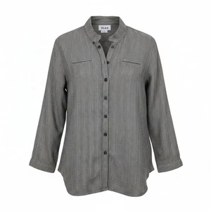 FLAX Linen Button Down Shirt Sz M Black White Herringbone Mandarin Collar Boho - Bild 1 von 7