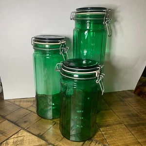 3 Emerald Green Glass 12-Sided Hinged Canisters w/ Wire Lid Set - Picture 1 of 8