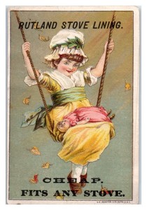 Rutland Stove Lining, Girl w/ Doll, R.W. Paff, Reading, PA, Victorian Trade Card