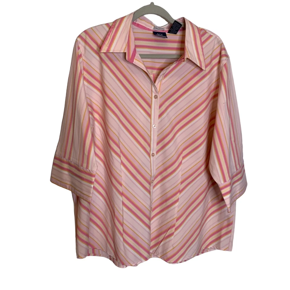 DCC  Blouse Womens 2X Plus Pink Stried Button Up Half Sleeve Lightweight - Image 1 of 4