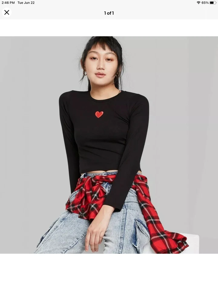 Women's Long Sleeve Fitted Rib-knit T-shirt - Wild Fable Black With Heart S