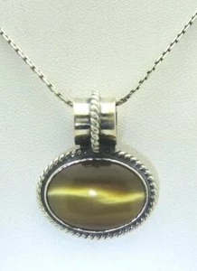 STRIKING ESTATE YELLOW CAT'S EYE STERLING SILVER PENDANT NECKLACE, ITALIAN CHAIN - Picture 1 of 7
