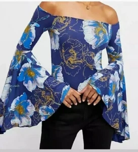 We The Free People Top Shirt XS blau Blumen Glockenärmel Paradiesvögel EJ - Bild 1 von 10