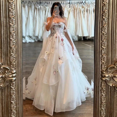 Colorful 3D Flowers Wedding Dresses Sweetheart Neck Ruffles Beach Bridal Gowns - Image 1 of 4