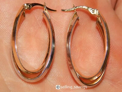10K YELLOW &  WHITE GOLD  1.2 INCH LEVERBACKCROSSOVER ELONGATED HOOP EARRINGS - Image 1 of 4