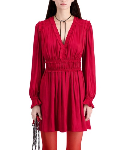 VETEMENTS The Kooples Mini Abito Rosso Manica Lunga Elastico Vita Increspato Viscosa Tg US 8