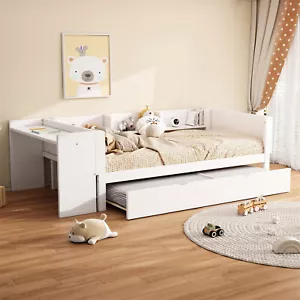Kinderbett Massivholz Tagesbett Weiß mit Ausziehbett, Schreibtisch, Lattenrost - Bild 1 von 12