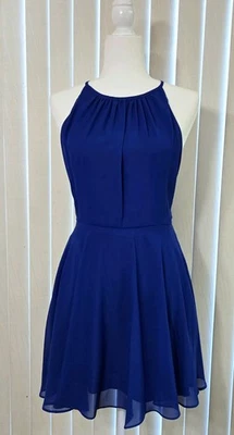Gorgeous Halter Royal Blue Chiffon Mini Dress with Beautiful Strappy Back M - Image 1 of 3