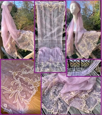Cachecol antigo translúcido lavanda renda boudoir decoração véu vitoriano LONGO 91" - Imagem 1 de 4