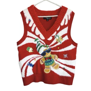 Ugly Christmas Pullover Weste Damen Medium Lebkuchenmann rot Pailletten flauschig Party - Bild 1 von 11