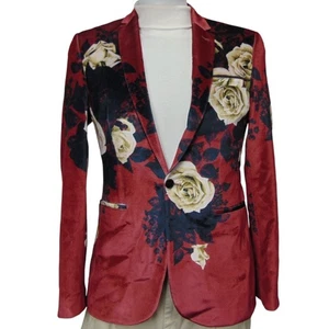 ASOS Herren Samt Blumen Blazer 40 L EU 50 Rot Rosen Print Stretch Samt Jacke - Bild 1 von 13