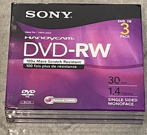 Sony Handycam DVD-RW Discs 3 Pack 30 Min 1.4 GB New/Sealed - Picture 1 of 5