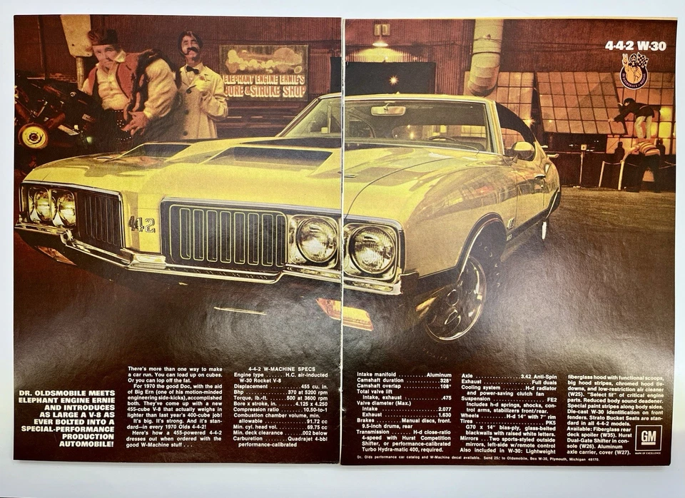 1970 Olds Yellow 442 W-30 Magazine COLOR AD Dr. Olds Elephant Engine Ernie 2page - Image 1 of 1