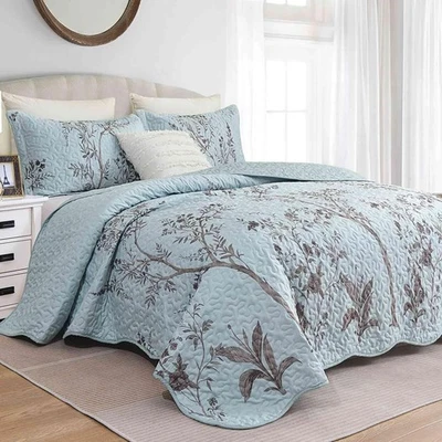 Juego de edredón tamaño king 106 x 92 en 3 piezas, azul verdoso floral hoja marrón de gran tamaño... Foto 1 de 4
