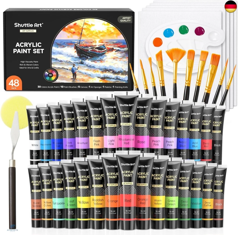 Shuttle Art 48 teiliges Acrylfarben Set, 30 Acryl Farben in Tuben(je 36ml) mit