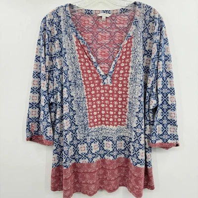 Lucky Brand Boho Printed Cotton Knit Top Sz 2X Red Blue Casual Office Split Neck - Image 1 of 4
