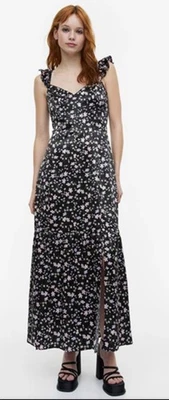 H & M 荷叶边花卉缎面连衣裙,尺寸 L,露背调情 Cottagecore Maxi — 第 1/4 张图片