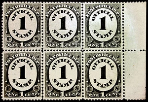 #O47 1c Black 1873 Post Office Official Margin Block of 6 XF *MNH* - Picture 1 of 2
