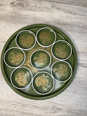 Vintage Green Tin Serving Tray with 8 Small Cups Gold Cornucopia Design VGUC - Image 1 of 4
