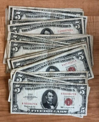 1953 年或 1963 年系列五美元红印钞票证书旧美国钞票 5 美元钱 — 第 1/4 张图片