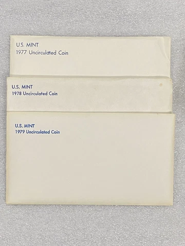 Lot of 3 X US Mint Unc Coin Sets P & D Sealed in Cello in Mint Env 1977-1979 Cover