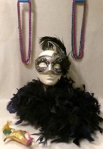 13 PC MARDI GRAS SURVIVAL KIT-Mask, Feather Boa, Beaded Necklaces & VooDoo Doll - Picture 1 of 12
