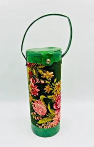 Vintage Yarn Knitting Canister Bag Tote Case Green Floral Design Made in Japan - Picture 1 of 10