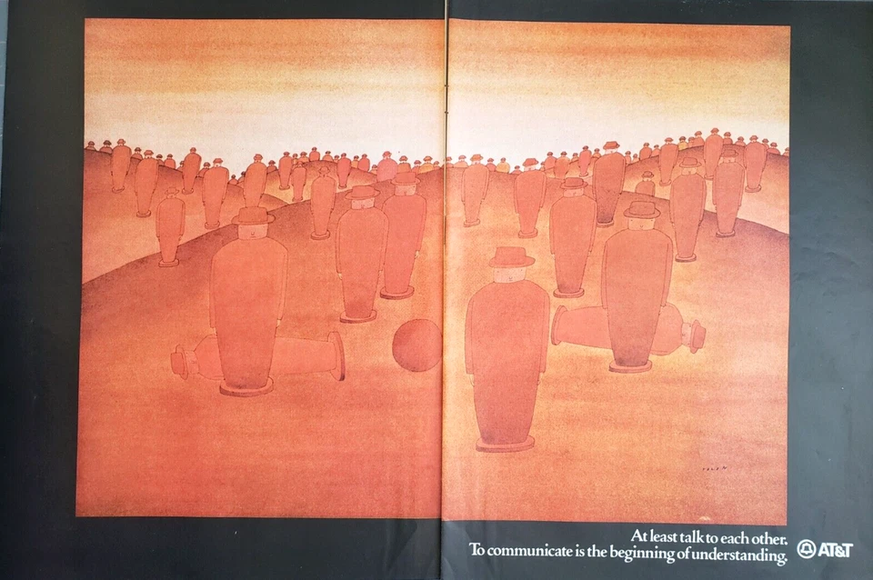 PRINT AD AT&T 1969 2pg At Least Talk to Each Other Jean Michel Folon Art - Image 1 of 1