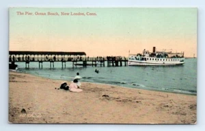 New London Connecticut CT THE PIER Strandblick Dampfer Schiff Postkarte 1909 - Bild 1 von 2