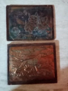 2 Vintage Stamped Pressed Copper Art Work Of Cat And Dog With Background Images - Picture 1 of 3