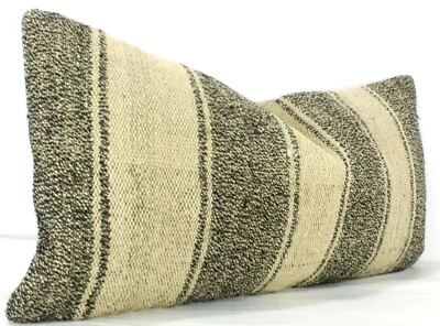 Funda Almohada Lumbar Beige Negra Decorativa Turca Kilim Cojín 12x24 Kilim Foto 1 de 4