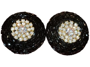 Glas Samen schwarze Perlen Clip Ohrringe Strass große Statement Krappe Vintage - Bild 1 von 5