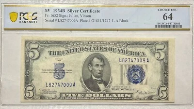 Five Dollar Silver Certificate 1934 B PCGS Choice Uncirculated 64 $5 FR 1652 - Image 1 of 4
