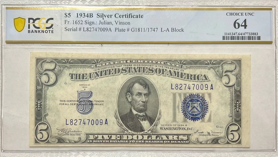 Five Dollar Silver Certificate 1934 B PCGS Choice Uncirculated 64 $5 FR 1652 - Image 1 of 4