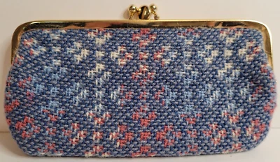 Cartera sin asas vintage con cierre de beso tapiz azul 100 % lana tejida en Gales Foto 1 de 4