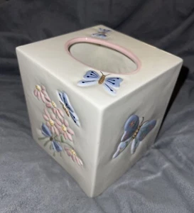 Vtg Ceramic  Tissue Box Cover with Butterflies & Pink Flowers - Picture 1 of 6