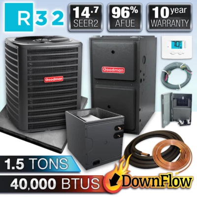 Goodman Downflow 1,5 т система переменного тока и газовой печи, 14,7 SEER2 40000 БТЕ 96% AFUE - Изображение 1 из 4