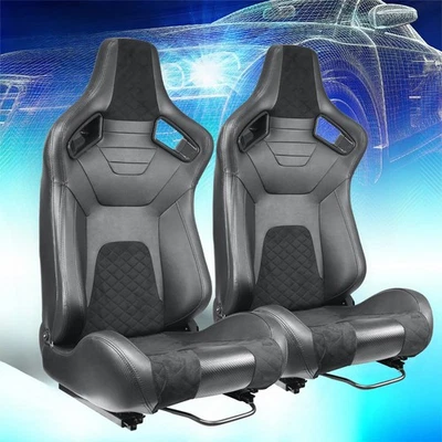 1Pair Universal Car Racing Seats PVC Leather with 2 Sliders Sport Seats Black - Image 1 of 4