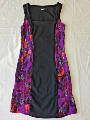 Desigual black purple sleeveless dress, stretched viscose summer pencil dress, M - Imagen 1 de 4