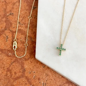 10 Kt Gelbgold Smaragd + Diamant Kreuz Anhänger Kette Halskette 17" - Bild 1 von 8