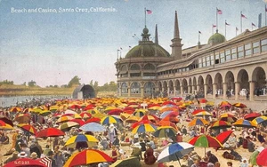 Beach & Casino SANTA CRUZ, CA Umbrellas Crowds c1910s Vintage Postcard - Picture 1 of 2