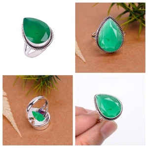 Green Emerald Bezel Set Pear Ring Simulated 925 Sterling Silver Fashion Jewelry - Picture 1 of 9