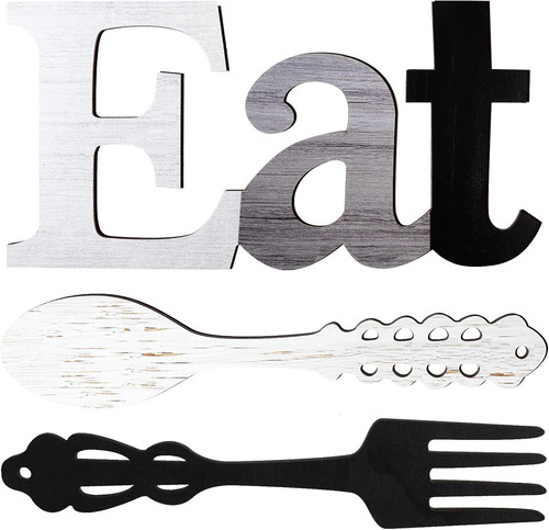 Jetec Set of Eat Sign, Fork and Spoon Wall Decor, Rustic Wood