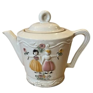 Teiera caffè vintage PORCELIER crema un paio di ragazze sul davanti danza fiori LEGGI - Foto 1 di 9